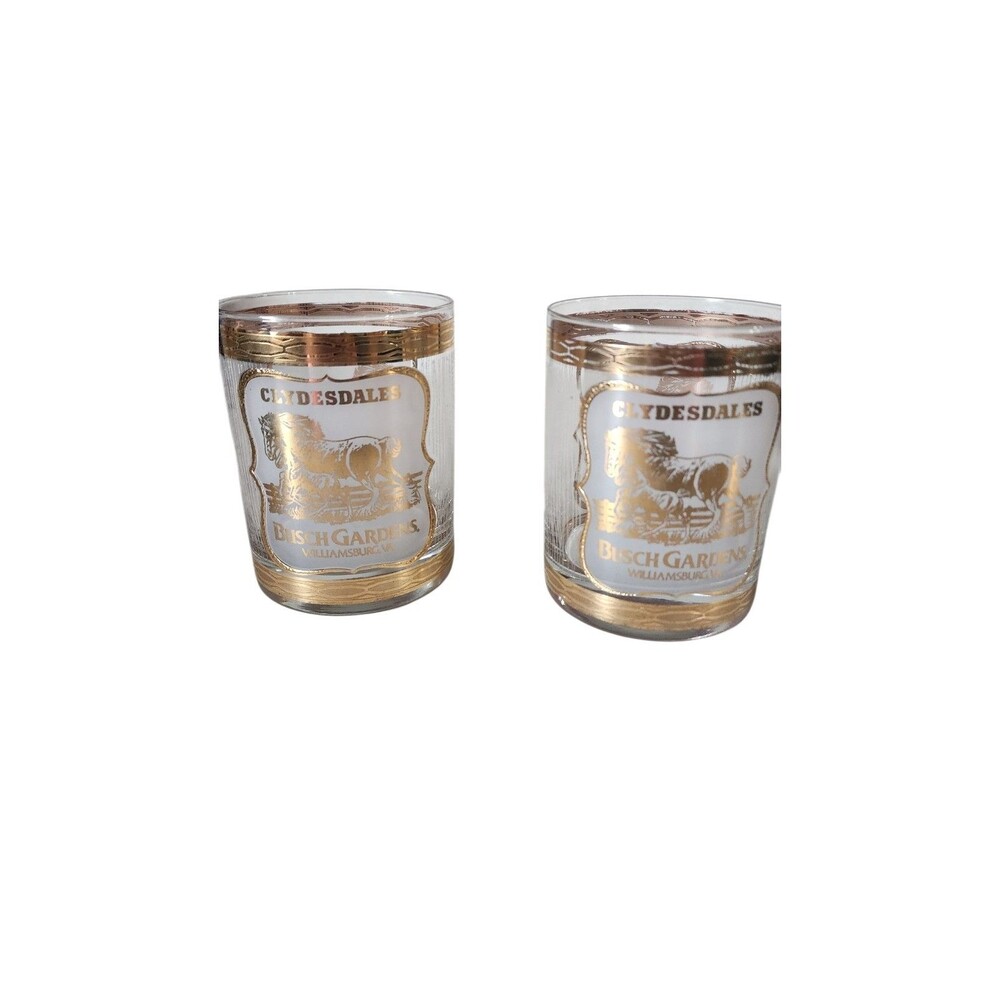 2  Clydesdales Busch Gardens Bourbon Whiskey Gold Trim   Rocks Glass 12 Oz